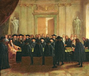Das Siegel, das von Ludwig XIV. (1638-1715) vor Mitgliedern des Staatsrates und des Berufungsgerichts 1672 gehalten wurde, 1672