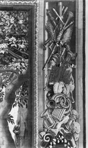 Die Jahreszeiten, Bordüre, Musikinstrumente, ca. 1670, Gobelins-Manufaktur (Detail) von French School