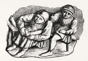 Der Schuster und sein Kunde, kopiert von einem der Misericordia-Stände im Chor der Kathedrale von Rouen, Illustration aus Wissenschaft und Literatur im Mittelalter und der Renaissance, geschrieben und von French School