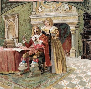 Der Sire von Beringhen und Madame du Fargis verschworen sich gegen Richelieu (Armand Jean du Plessis, Kardinal von Richelieu (1585-1642), Minister von Ludwig XIII., im Schloss von Azay-le-Rideau. Chromolithographie aus dem späten 19. Jahrhundert