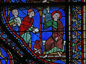 Das St. Jakobus Fenster: Almongenes (Hermogines) will seine Bücher verbrennen von French School