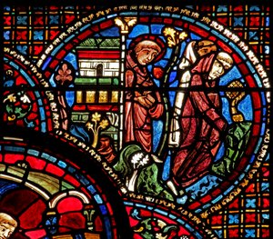 Das St. Lubin Fenster: Er verlässt die Kirche mit zwei Mönchen