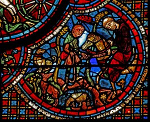 Das St. Lubin Fenster: Seine Ausbildung - Ein Mönch gibt ihm einen Gürtel mit einem eingravierten Alphabet von French School