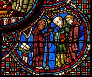 Das St. Lubin Fenster: Seine Meditationen werden von zwei Mönchen unterbrochen von French School