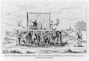 Die Bühne eines Scharlatans, der Drogen verkauft, Illustration aus Wissenschaft und Literatur im Mittelalter und der Renaissance, geschrieben und graviert von Paul Lacroix, 1878 von French School