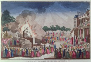 Die Statue des Atheismus wird zerstört und durch die Statue der Weisheit ersetzt, beim Fest des Höchsten Wesens, Jardin National des Decorations, Paris, 8. Juli 1794