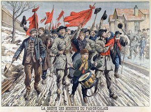 Der Streik der Bergleute in Pas-de-Calais, der Umzug der Streikenden im Bergbaudorf, aus Le Petit Journal, 1. April 1906