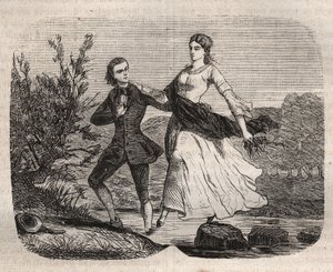 Der Schweizer Philosoph Jean Jacques (Jean-Jacques) Rousseau (1712-1778) half Mademoiselle Galley, einen Bach zu überqueren. Gravur von 1871 in „Histoire Des Cocus Celebres“ von Henry de Kock (1819-1892) von French School