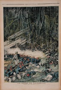 Die Einnahme von Thiassale, die Schlacht im unberührten Regenwald, Illustration aus Le Petit Journal, 26. August 1893 von French School