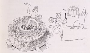 Der Temalacati oder Gladiatorenstein, aus dem Codex Ramirez, aus 