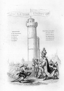 Der Turm ist vorsichtig. Ein Oberst mit einer Waffe kommt zum König hinunter, gefolgt von Pagen. Gravur in „Chants et chansons populaire de la France“, Band 2 von French School