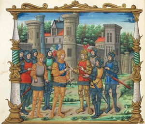 Der Vertrag von Conflans (Frieden von Conflans) zwischen Ludwig XI. und dem Herzog von Burgund, Miniatur aus den Memoiren von Philippe de Commines, Manuskript Folio 32 verso, Frankreich 16. Jahrhundert von French School