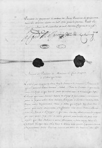 Der Vertrag der Pyrenäen, unterzeichnet von Kardinal Jules Mazarin und Don Luis Mendez de Haro, 7. November 1659