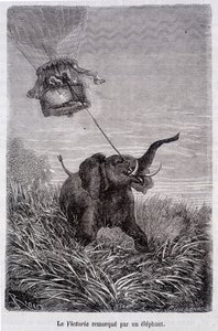 Die Victoria von einem Elefanten gezogen - in „Fünf Wochen im Ballon“, Roman von Jules Verne von French School