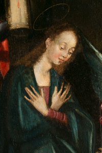 Die Jungfrau, Detail der Geburt Christi. Triptychon von Aubery von French School