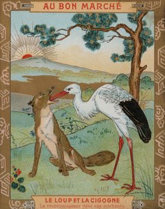 Der Wolf und der Kranich, eine von Äsops Fabeln von French School
