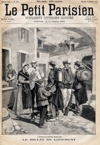 Der Unterkunftsschein, der ein Bett und eine Kerze berechtigt, wird den Soldaten nach ihren Übungen und großen Manövern verteilt. In der Zeitung „Le Petit Parisien“ am 03.09.1893 (Gravur)