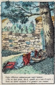 Die Eichel und der Kürbis. Fabeln von Jean de La Fontaine (1621-95). Epinal-Bild Ende des 19. Jahrhunderts.