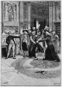 Die Verhaftung des Grafen von Neipperg (1775-1829) auf Befehl von Napoleon I. (1769-1821). Illustration von „Madame Sans Gene“ von Victorien Sardou (1831-1908) und Emile Moreau (1852-1922). Gravur in „La gazette du dimanche“ vom 21. November 1895. von French School