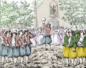 Der Beginn eines Soule-Spiels (Fußball) in der Bretagne Mitte des 19. Jahrhunderts. von French School