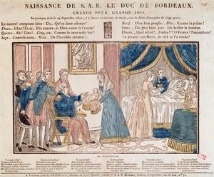 Die Geburt von Henri Charles Ferdinand Marie Dieudonne de France, Duc de Bordeaux, Comte de Chambord am 29. September 1820 (kolorierter Holzstich)