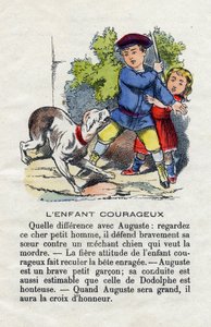 Das tapfere Kind. Ein Kind verteidigt seine Schwester gegen einen Hund. Kleines Jungenalphabet. Abecedarium mit moralischem Wert, das Leseübungen enthält. Epinal-Bild, Ende des 19. Jahrhunderts von French School