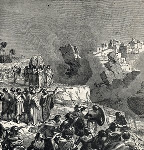 Die Eroberung von Jericho, während der die Israeliten ihre Trompeten unter den Stadtmauern ertönen lassen, deren Zugang ihnen verboten ist