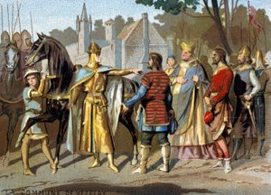 Die Gemeinde von Vézelay (1153): der Abt Pons, der Graf von Nevers und die Magistrate von Vézelay vor Ludwig VII. in Moret, nahe dem Wald von Fontainebleau, entscheiden über das Verschwinden der Gemeinde. Chromolithographie der Serie „Patriotische Erziehun von French School