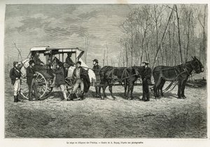 Der Kurs oder die Diligence auf dem Pferd der Prärien, Zeichnung von A. Dupuis zur Illustration der Geschichte eines Ausflugs nach Kanada und zum nördlichen Roten Fluss im Jahr 1873 von H. de Lamotte. Gravur in Le Tour du monde
