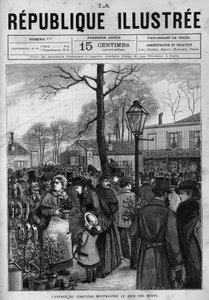 Die Menge vor dem Eingang zum Friedhof Montmartre in Paris am Tag der Toten (Toussaint). Eine Zeitung. Gravur von 1880 in „La republique illustree“ private Sammlung.