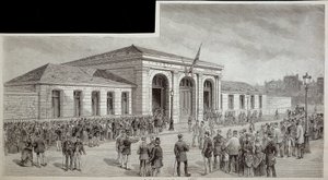 Die Menge vor der Leichenhalle in Paris im Jahr 1886