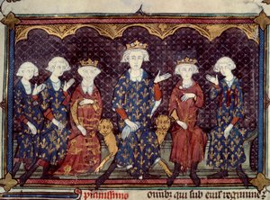 Die verfluchten Könige: Philipp IV. der Schöne (1268 - 1314) umgibt seine Tochter Isabella (Königin von England) und seine drei Söhne Ludwig (König Ludwig X.), Karl (König Karl IV.), Philipp (König Philipp V.) und seinen Bruder Karl von Valois - Miniatur a von French School