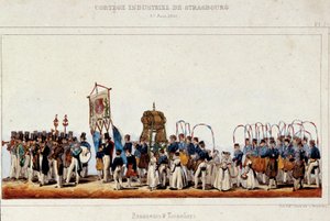 Der Tanz der Brauer und Küfer während des industriellen Umzugs in Straßburg am 25.06.1840. Lithographie von Simon