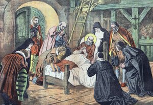 Der Tod des Heiligen Franz von Sales am 18. Dezember 1622 in Lyon, umgeben von Gläubigen. "Le pelerin" vom 31.12.1922