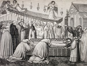 Der Tod des hl. Benedikt von Nursia in der Abtei Monte Cassino, aus 