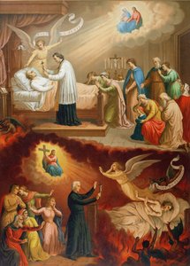 Der Tod des Gerechten und der Tod des Sünders, Illustration aus einem Bildkatechismus, Ende des 19. Jahrhunderts