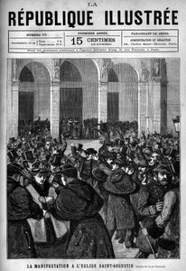 Die Demonstration an der Kirche Saint-Augustin in Paris: Auseinandersetzung zwischen der Pariser Polizei und Demonstranten, die gegen die Dekrete vom März 1880 protestieren, die von Jules Ferry erlassen wurden und das Recht auf Unterricht durch nicht autor