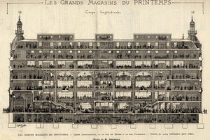 Die Kaufhäuser von Printemps im Jahr 1889, Längsschnitt, von der Rue du Havre zur Rue Caumartin, Zeichnung von Berteault, Bianchetti-Sammlung von French School