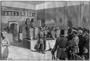 Die Entkleidung der Mumie von Sesostris (Ramses II) im Museum von Boulaq (Kairo, Ägypten) durch Gaston Maspero in Anwesenheit des Khediven Tewfik. Gravur in „Le Monde Illustré“ 1886. von French School