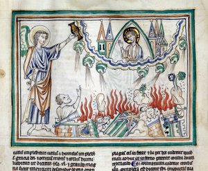 Die Zerstörung Babylons. Miniatur aus „Die Apokalypse von Cambrai“ beleuchtet von der französischen Schule des 13. Jahrhunderts. Ms. 422. Stadtbibliothek, Cambrai von French School