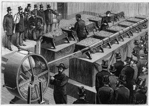 Die Ziehung von Wertpapieren (System der Rückzahlung von Darlehen durch rückzahlbare Anleihen): ein Überblick über das Zahlenrad einer Ziehung, durch zwölf Casanova-Maschinen, die gleichzeitig arbeiten. Gravur in „La Nature. Revue des sciences et de ses ap