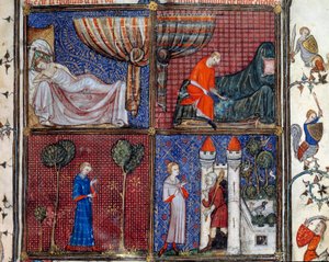 Der Traum: Der schlafende Liebhaber, der sich anzieht, sein Hemd näht und vor dem Haus der Lust steht. Miniatur in „Roman de la rose“ von Jean de Meun, Jean de Meung oder Jean Chopinel, Jean Clopinel (ca. 1240-1305), um 1370. Chantilly, Musée Condé