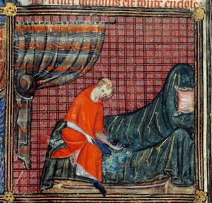 Der Traum, Detail: Der Liebhaber kleidet sich an. Miniatur im „Roman de la rose“ von Jean de Meun, Jean de Meung oder Jean Chopinel, Jean Clopinel (ca. 1240-1305), um 1370.