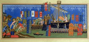 Die Einschiffung der Ritter des Heiligen Geistes für die Kreuzzüge, nach einer Miniatur im Statuts de l