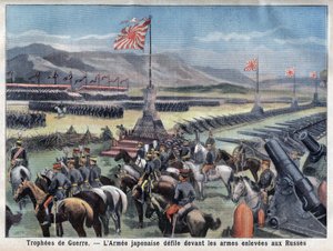 Das Ende des japanisch-russischen Konflikts, Japans siegreiche Armee sitzt vor der Übernahme der russischen Waffen, in „Le Petit Parisien“, am 24.06.1906 von French School