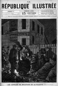 Die Räumungen am Boulevard de la Villette: Arbeiter, die aus einer Pariser Stadt vertrieben wurden, müssen auf der Straße schlafen (S.D.F.). Eine Zeitung. Gravur von 1880 in „La république illustrée“, private Sammlung.