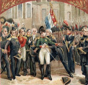 Der Abschied von Napoleon Bonaparte (1769-1821) von der kaiserlichen Garde im Hof von Cheval Blanc im Schloss Fontainebleau am 20.04.1814. Chromolithographie des späten 19. Jahrhunderts