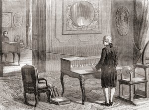 Die erste Demonstration des elektrischen Telegrafen im Jahr 1774, erfunden von Georges-Louis Le Sage, aus Les Merveilles de la Science, veröffentlicht um 1870 (Gravur) von French School