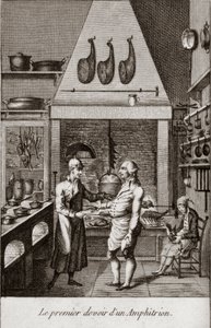 Die erste Pflicht eines Amphitryons - Gravur in "Almanach der Feinschmecker, als Leitfaden für die Art und Weise, ausgezeichnete Speisen zuzubereiten. Von einem alten Amateur" von Alexandre Balthazar Laurent Grimod de la Reyniere - 1804-1812 von French School