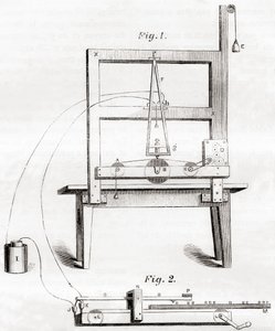 Der erste elektrische Telegraph, erfunden von Samuel Morse im Jahr 1837, aus Les Merveilles de la Science, veröffentlicht um 1870 (Stich)
